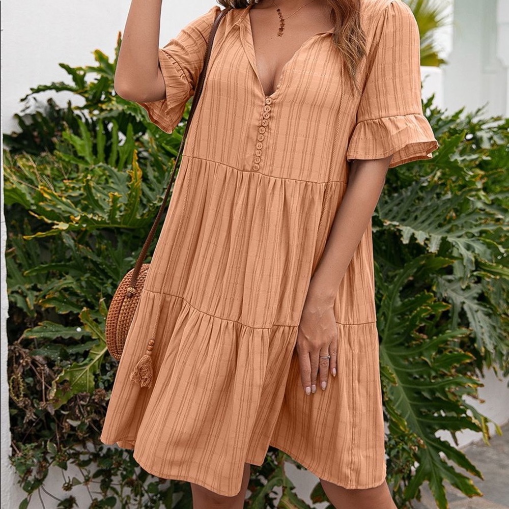 ✨New Orange Tassel Tie-Neck Ruffle Hem Dress Boho Bohemian NWT